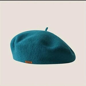 Aqua Blue Wool Beret with Satin Lining